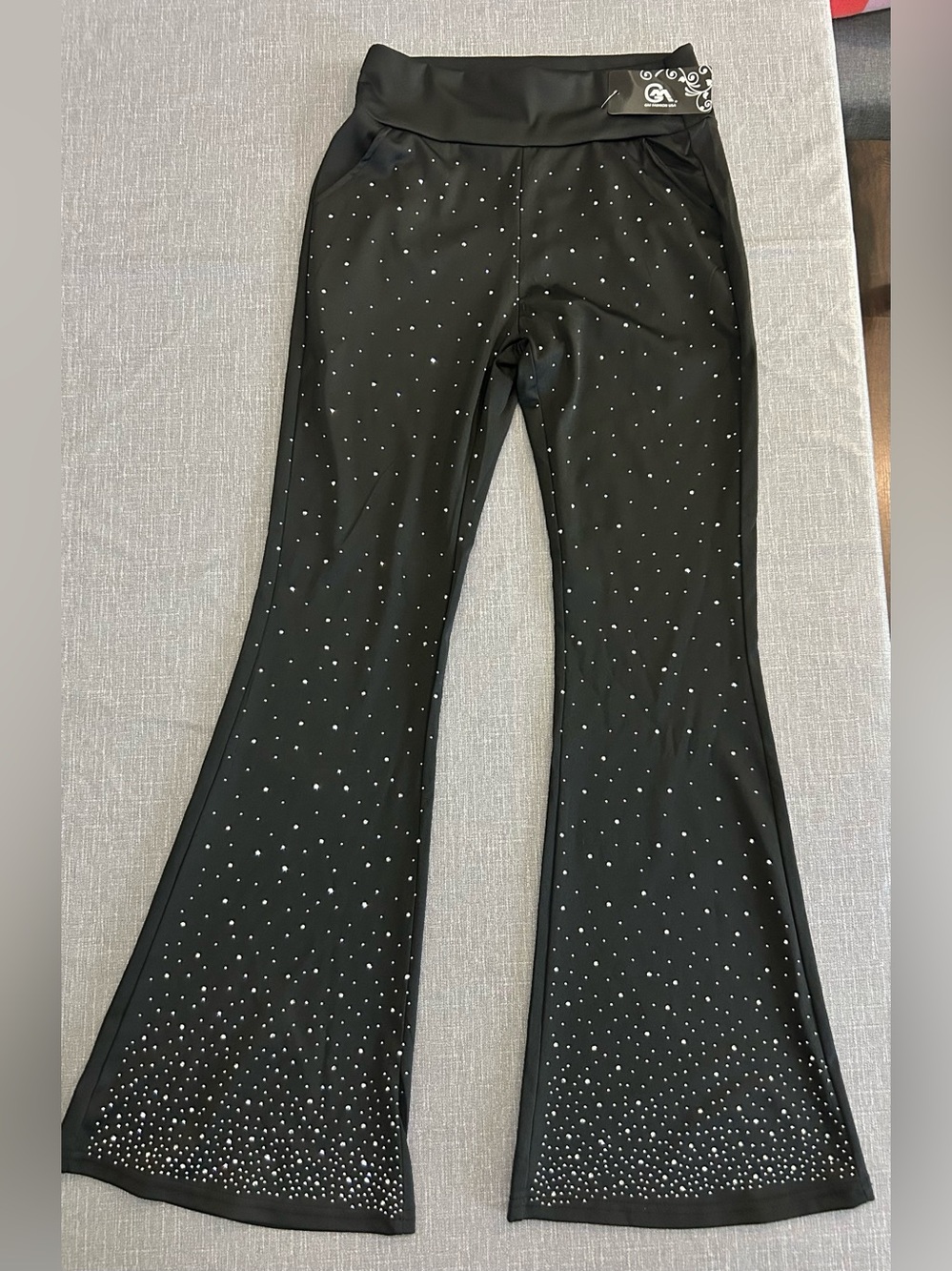Women’s Black Flared Rhinestone Pull On Pants Pockets Bling Stretch Club Dance s